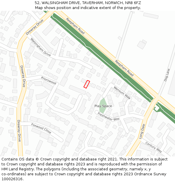 52, WALSINGHAM DRIVE, TAVERHAM, NORWICH, NR8 6FZ: Location map and indicative extent of plot