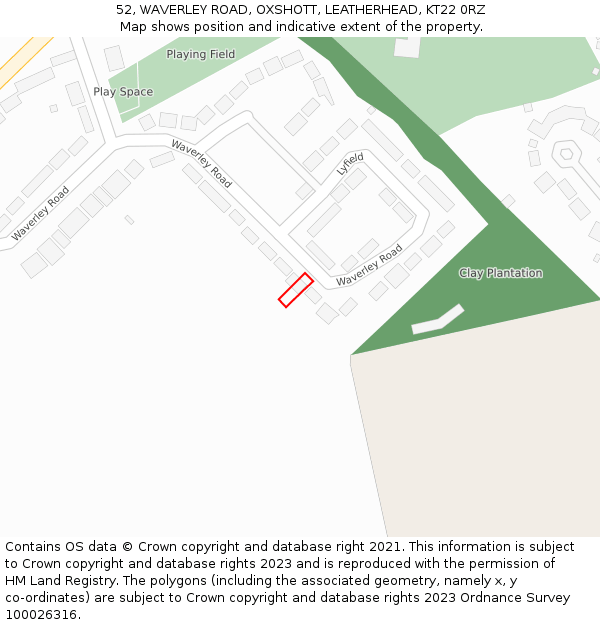52, WAVERLEY ROAD, OXSHOTT, LEATHERHEAD, KT22 0RZ: Location map and indicative extent of plot