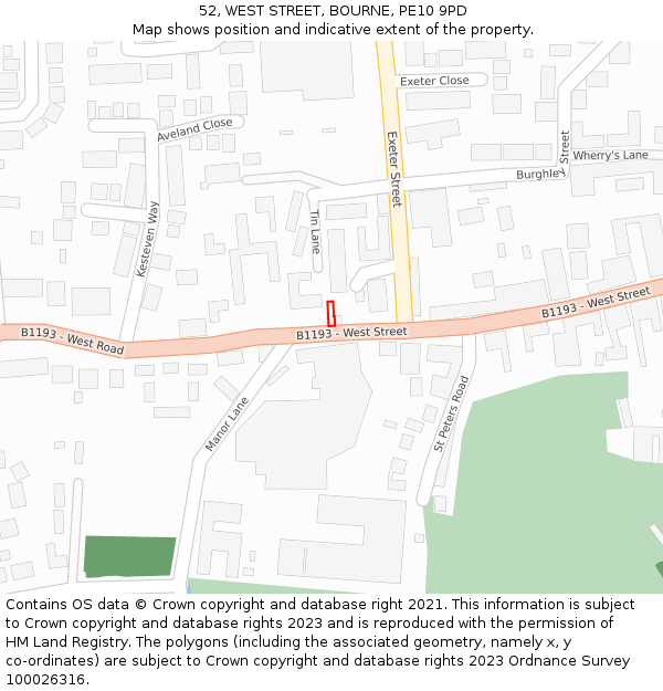 52, WEST STREET, BOURNE, PE10 9PD: Location map and indicative extent of plot