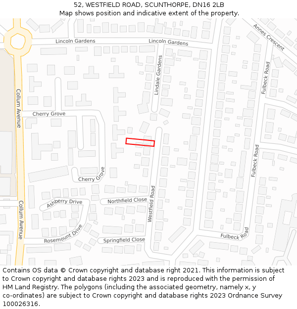 52, WESTFIELD ROAD, SCUNTHORPE, DN16 2LB: Location map and indicative extent of plot