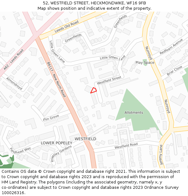 52, WESTFIELD STREET, HECKMONDWIKE, WF16 9FB: Location map and indicative extent of plot