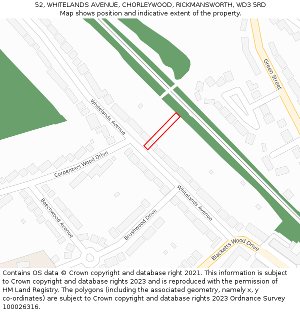 52, WHITELANDS AVENUE, CHORLEYWOOD, RICKMANSWORTH, WD3 5RD: Location map and indicative extent of plot