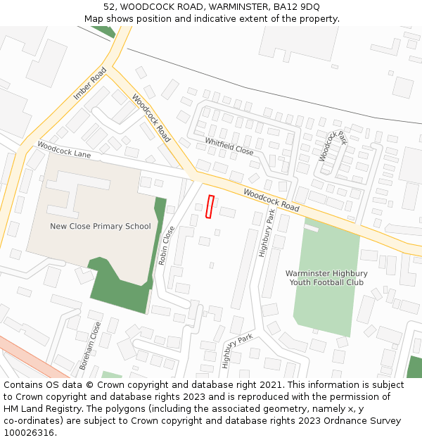 52, WOODCOCK ROAD, WARMINSTER, BA12 9DQ: Location map and indicative extent of plot