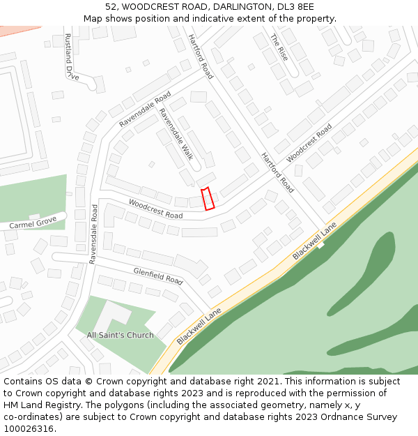 52, WOODCREST ROAD, DARLINGTON, DL3 8EE: Location map and indicative extent of plot