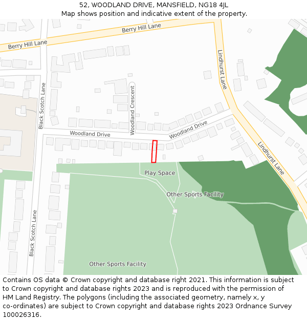 52, WOODLAND DRIVE, MANSFIELD, NG18 4JL: Location map and indicative extent of plot