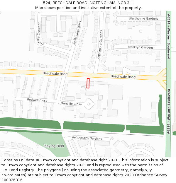 524, BEECHDALE ROAD, NOTTINGHAM, NG8 3LL: Location map and indicative extent of plot