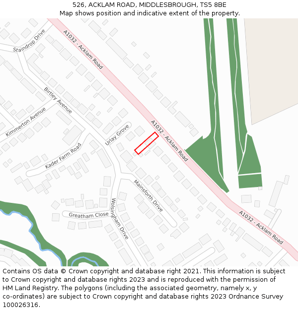 526, ACKLAM ROAD, MIDDLESBROUGH, TS5 8BE: Location map and indicative extent of plot