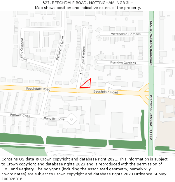 527, BEECHDALE ROAD, NOTTINGHAM, NG8 3LH: Location map and indicative extent of plot