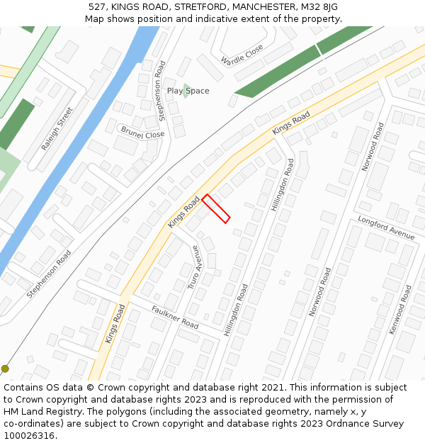 527, KINGS ROAD, STRETFORD, MANCHESTER, M32 8JG: Location map and indicative extent of plot
