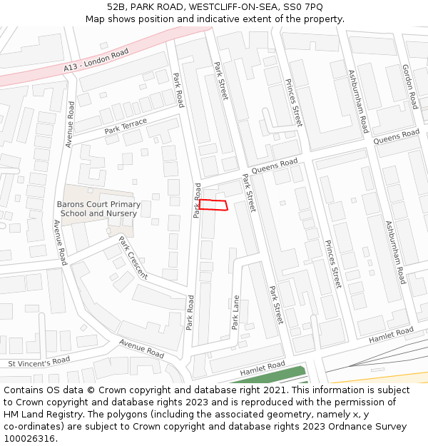 52B, PARK ROAD, WESTCLIFF-ON-SEA, SS0 7PQ: Location map and indicative extent of plot