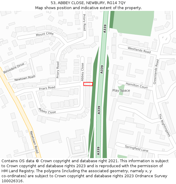 53, ABBEY CLOSE, NEWBURY, RG14 7QY: Location map and indicative extent of plot