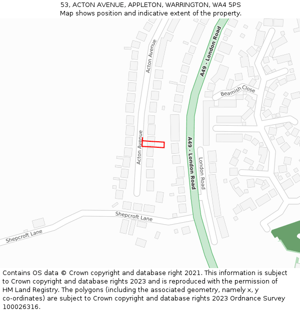 53, ACTON AVENUE, APPLETON, WARRINGTON, WA4 5PS: Location map and indicative extent of plot