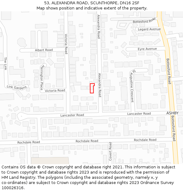 53, ALEXANDRA ROAD, SCUNTHORPE, DN16 2SF: Location map and indicative extent of plot