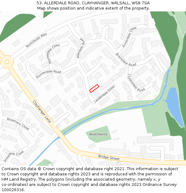 53, ALLERDALE ROAD, CLAYHANGER, WALSALL, WS8 7SA: Location map and indicative extent of plot