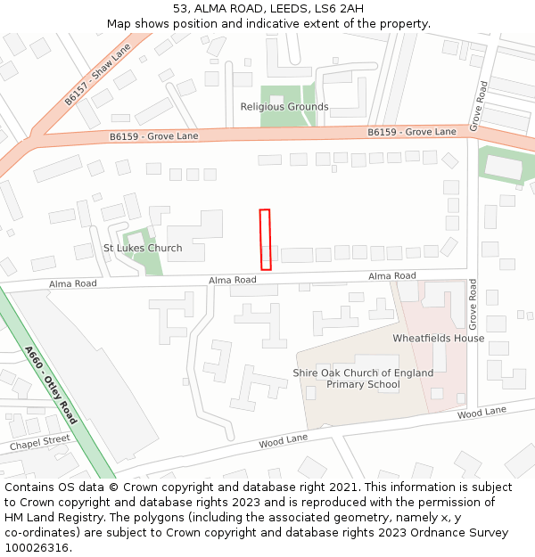 53, ALMA ROAD, LEEDS, LS6 2AH: Location map and indicative extent of plot