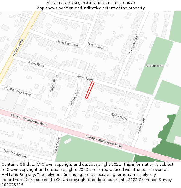 53, ALTON ROAD, BOURNEMOUTH, BH10 4AD: Location map and indicative extent of plot