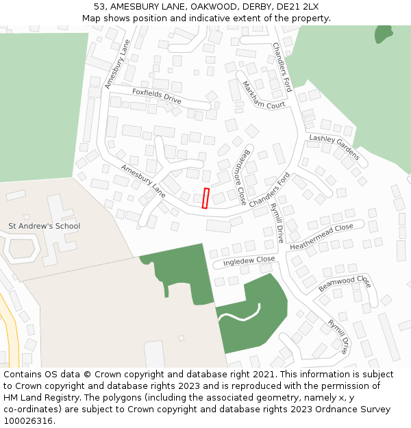 53, AMESBURY LANE, OAKWOOD, DERBY, DE21 2LX: Location map and indicative extent of plot