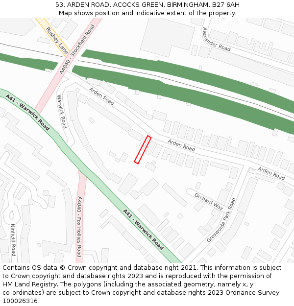 53, ARDEN ROAD, ACOCKS GREEN, BIRMINGHAM, B27 6AH: Location map and indicative extent of plot