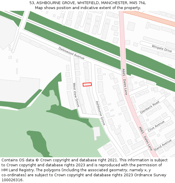 53, ASHBOURNE GROVE, WHITEFIELD, MANCHESTER, M45 7NL: Location map and indicative extent of plot