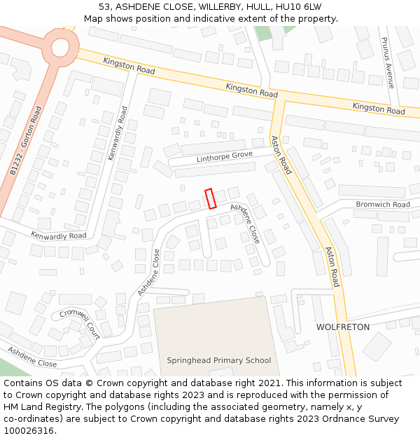 53, ASHDENE CLOSE, WILLERBY, HULL, HU10 6LW: Location map and indicative extent of plot
