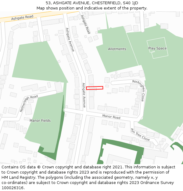 53, ASHGATE AVENUE, CHESTERFIELD, S40 1JD: Location map and indicative extent of plot