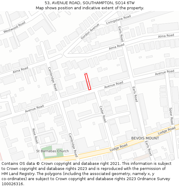 53, AVENUE ROAD, SOUTHAMPTON, SO14 6TW: Location map and indicative extent of plot