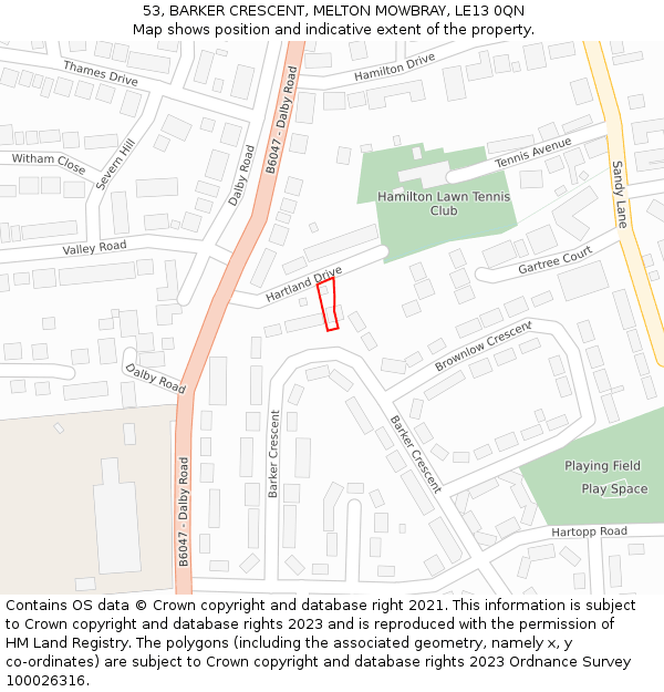 53, BARKER CRESCENT, MELTON MOWBRAY, LE13 0QN: Location map and indicative extent of plot