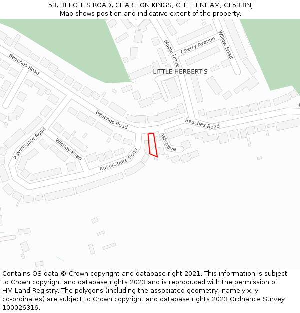 53, BEECHES ROAD, CHARLTON KINGS, CHELTENHAM, GL53 8NJ: Location map and indicative extent of plot