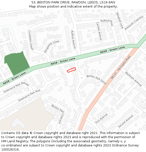 53, BENTON PARK DRIVE, RAWDON, LEEDS, LS19 6AN: Location map and indicative extent of plot