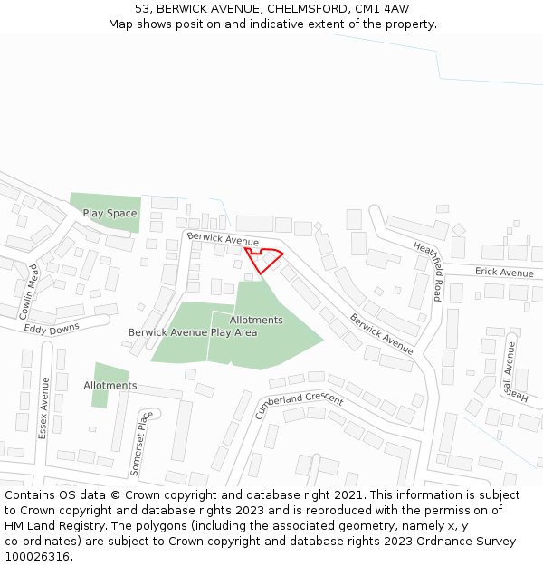 53, BERWICK AVENUE, CHELMSFORD, CM1 4AW: Location map and indicative extent of plot