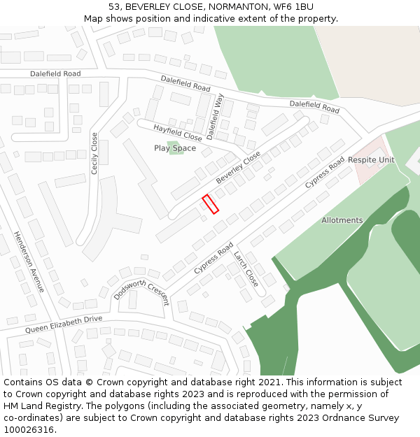 53, BEVERLEY CLOSE, NORMANTON, WF6 1BU: Location map and indicative extent of plot