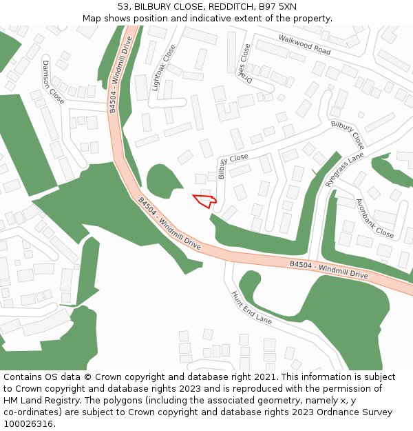 53, BILBURY CLOSE, REDDITCH, B97 5XN: Location map and indicative extent of plot