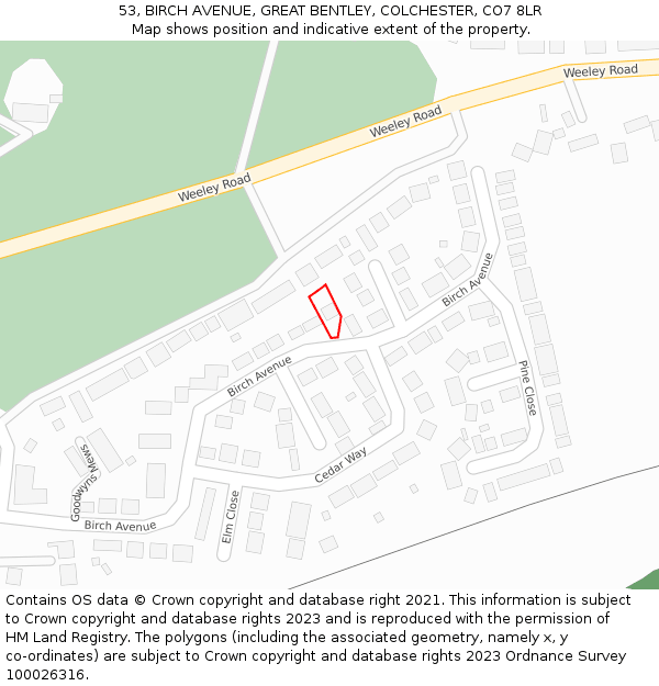 53, BIRCH AVENUE, GREAT BENTLEY, COLCHESTER, CO7 8LR: Location map and indicative extent of plot