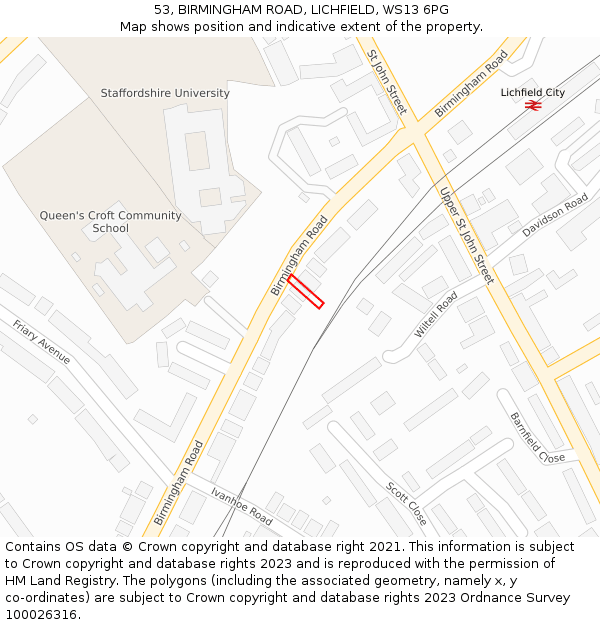 53, BIRMINGHAM ROAD, LICHFIELD, WS13 6PG: Location map and indicative extent of plot