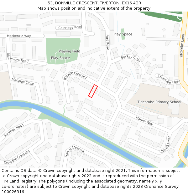 53, BONVILLE CRESCENT, TIVERTON, EX16 4BR: Location map and indicative extent of plot