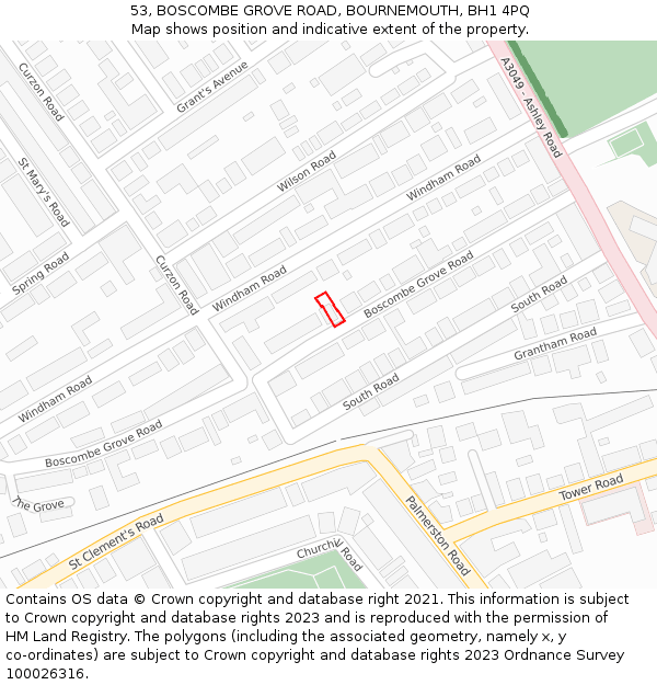 53, BOSCOMBE GROVE ROAD, BOURNEMOUTH, BH1 4PQ: Location map and indicative extent of plot