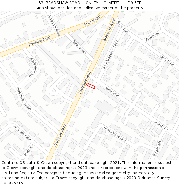 53, BRADSHAW ROAD, HONLEY, HOLMFIRTH, HD9 6EE: Location map and indicative extent of plot