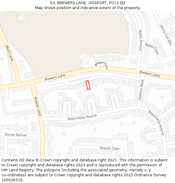 53, BREWERS LANE, GOSPORT, PO13 0JX: Location map and indicative extent of plot