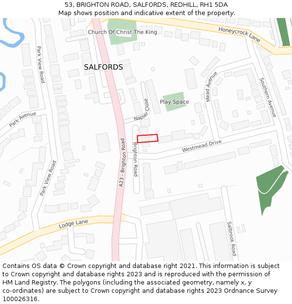 53, BRIGHTON ROAD, SALFORDS, REDHILL, RH1 5DA: Location map and indicative extent of plot