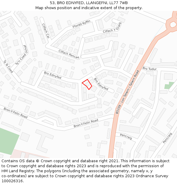 53, BRO EDNYFED, LLANGEFNI, LL77 7WB: Location map and indicative extent of plot