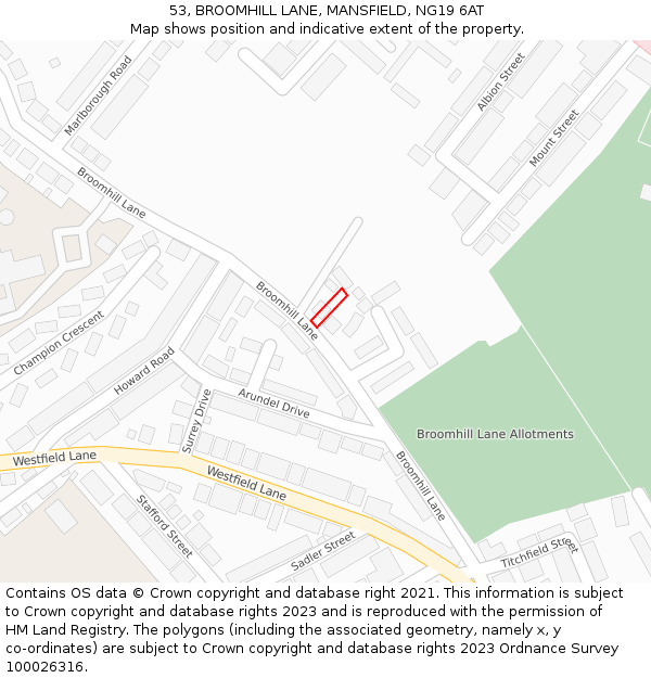 53, BROOMHILL LANE, MANSFIELD, NG19 6AT: Location map and indicative extent of plot