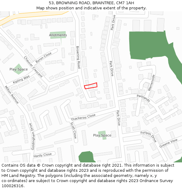 53, BROWNING ROAD, BRAINTREE, CM7 1AH: Location map and indicative extent of plot