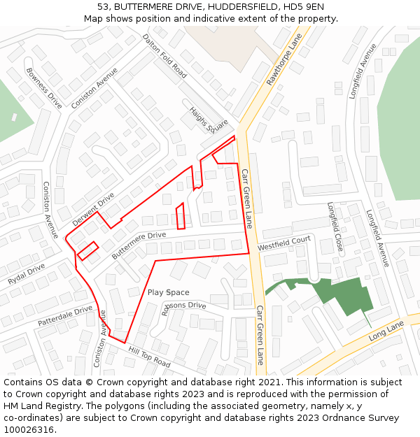 53, BUTTERMERE DRIVE, HUDDERSFIELD, HD5 9EN: Location map and indicative extent of plot