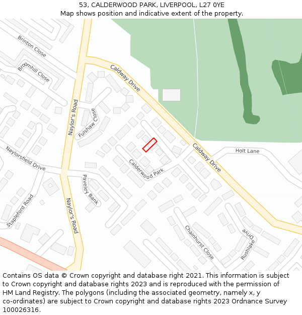 53, CALDERWOOD PARK, LIVERPOOL, L27 0YE: Location map and indicative extent of plot