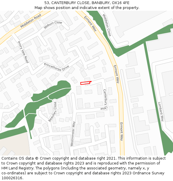 53, CANTERBURY CLOSE, BANBURY, OX16 4FE: Location map and indicative extent of plot
