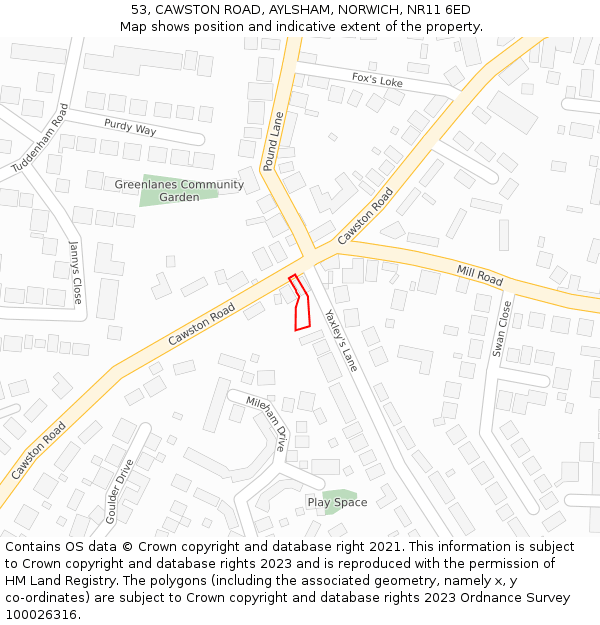 53, CAWSTON ROAD, AYLSHAM, NORWICH, NR11 6ED: Location map and indicative extent of plot