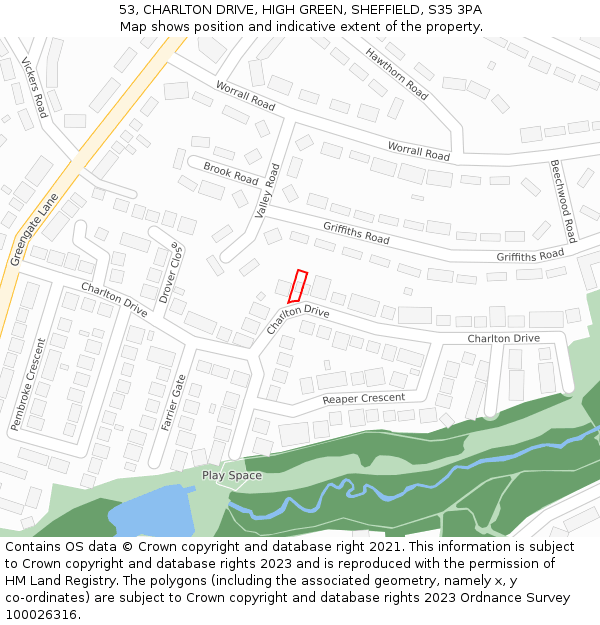 53, CHARLTON DRIVE, HIGH GREEN, SHEFFIELD, S35 3PA: Location map and indicative extent of plot
