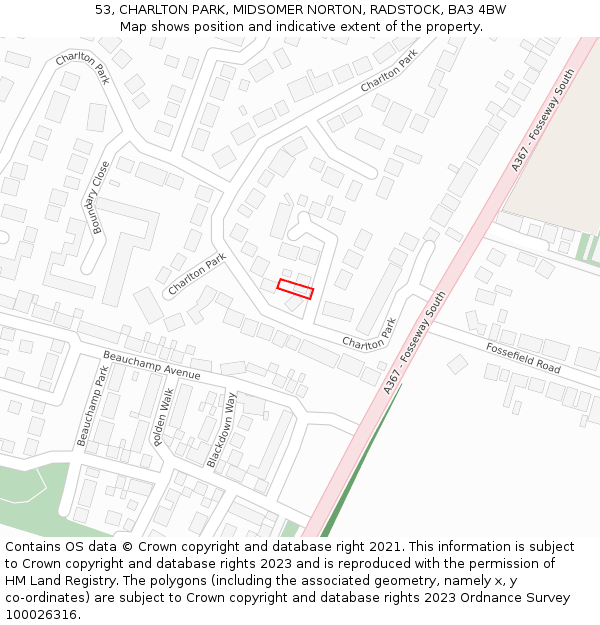 53, CHARLTON PARK, MIDSOMER NORTON, RADSTOCK, BA3 4BW: Location map and indicative extent of plot