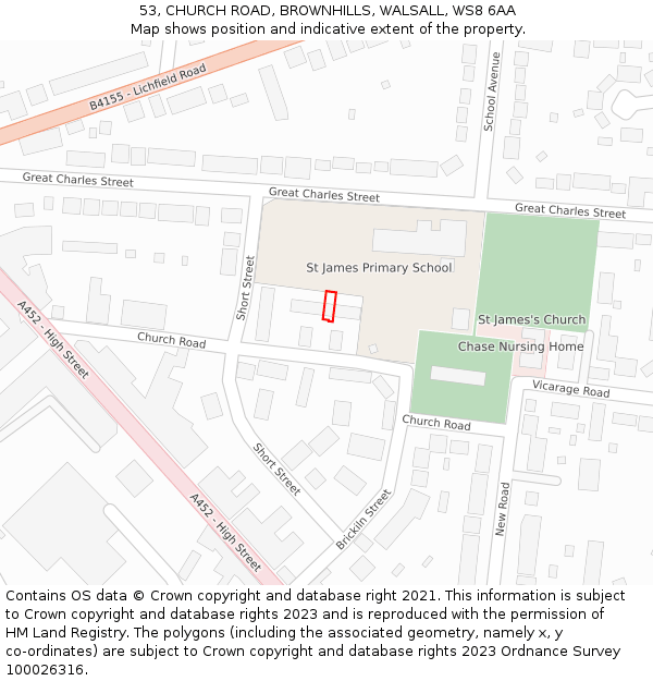 53, CHURCH ROAD, BROWNHILLS, WALSALL, WS8 6AA: Location map and indicative extent of plot