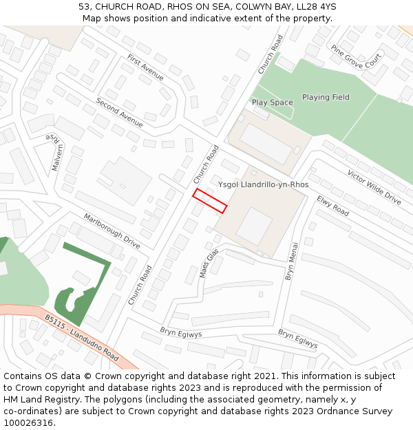 53, CHURCH ROAD, RHOS ON SEA, COLWYN BAY, LL28 4YS: Location map and indicative extent of plot